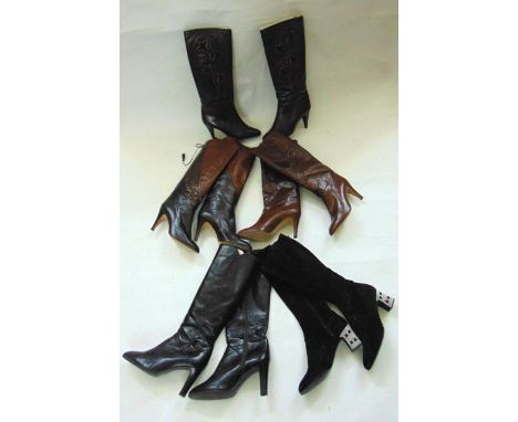 Five vintage pairs of ladies knee length boots to include an Italian pair in dark brown leather with suede and other foliate 