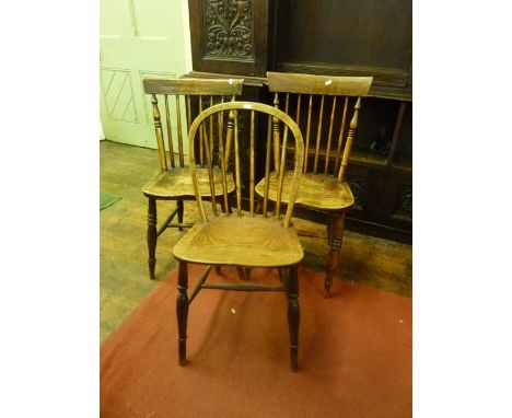 Three various 19th century stick back kitchen chairs in mixed woods but principally ash