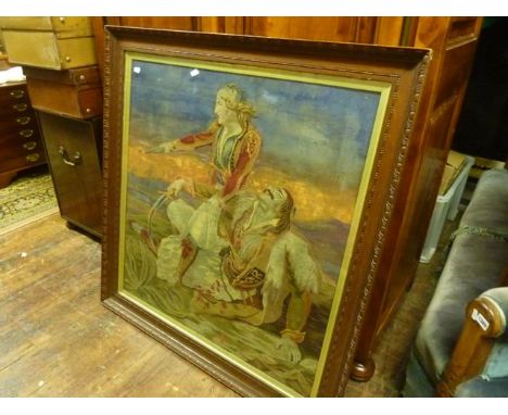 A large 19th century needlework panel showing a dying Turkish soldier and his companion in a dessert setting, set within a mo