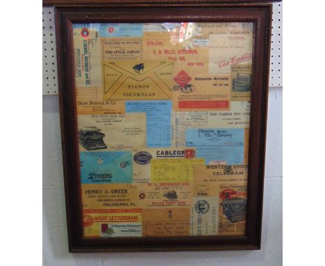 A framed and glazed print depicting faux collage of vintage travel labels, receipts, envelopes, adverts, etc, glazed and pres