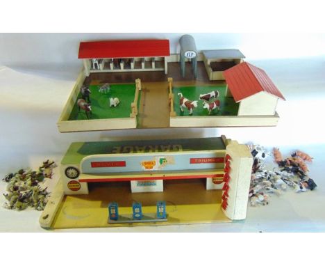 A vintage painted ply model of a farmyard complete with stables, etc, bearing plaque - An Elf Production together with a quan