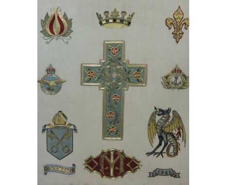 A good quality embroidered panel of squared form detailing a central cross with gold coloured wirework border encasing symmet