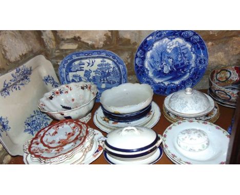 A collection of 19th century and other ceramics including an Imari bowl and two Imari plates, a further oriental blue and whi