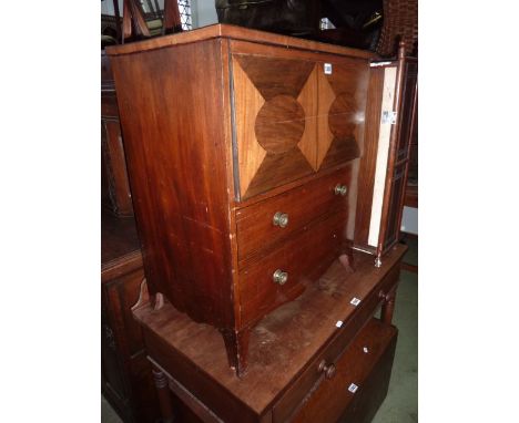 A Regency mahogany commode disguised as a side cabinet, the front elevation with hinged lid over two dummy drawers, shaped ap