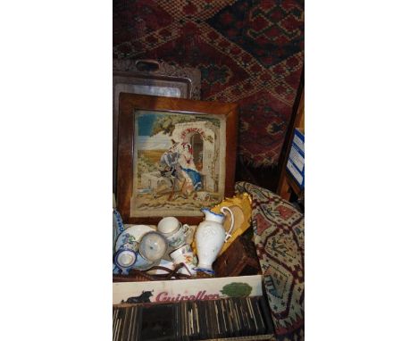 A miscellaneous collection to include a red ground wool work carpet with geometric detail in shades of cream and blue, etc, a
