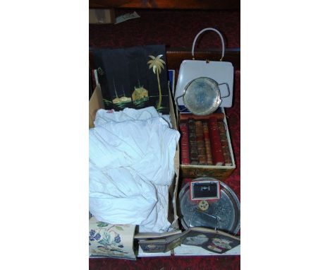 A selection of vintage white linen christening and nightgowns, etc together with an Chinese lacquered box with figure detail 