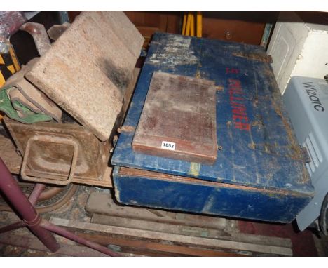 A painted plywood tool chest and further steel ammunition case containing a quantity of mainly vintage and carpentry related 
