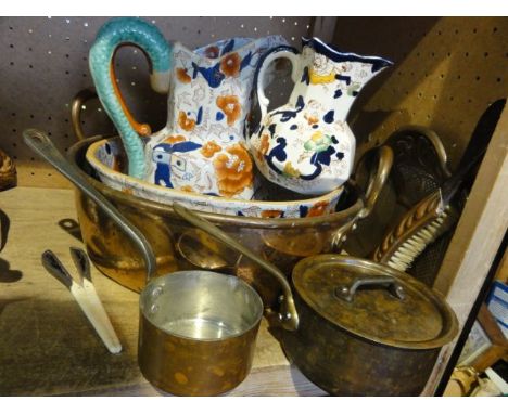 A substantial 19th century copper boiling pan with riveted handles together with an embossed copper crumb tray and associated