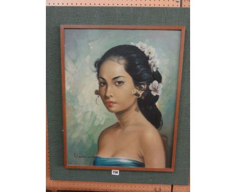 A 20th century oil painting on canvas, shoulder length portrait of a young eastern woman with flowers in her hair and pronoun
