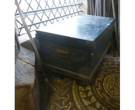 A vintage painted pine tool chest with hinged lid containing a good selection of working tools, mainly 19th century including