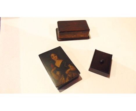 Olive wood stamp box, 19th century black lacquered snuff box showing a girl and parrot and a tiny rosewood box