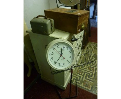 A vintage mahogany shop till with brass fittings, Smiths Sectric electric wall clock, a music stand/lecturn and a vintage por