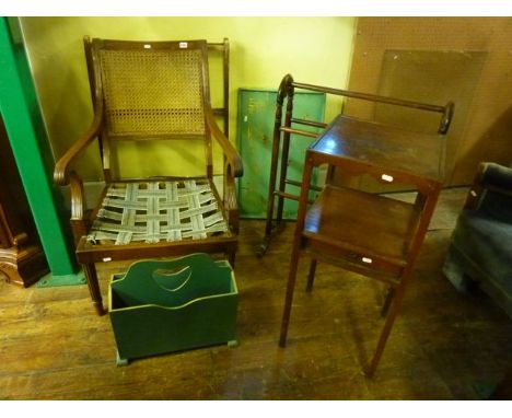 A Regency mahogany elbow chair with cane panelled seat, a small Georgian mahogany square cut washstand with shaped outline, a