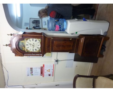 A 19th century mahogany long case clock, the case with spiral column supports and with inlaid detail, the hood with arched ou