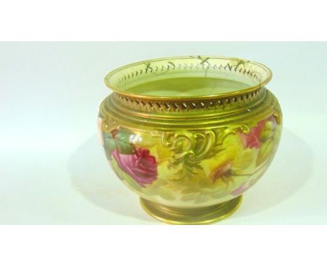 A Royal Worcester jardinière with continuous painted decoration of pink roses signed Sedgley beneath a moulded scrolling gilt
