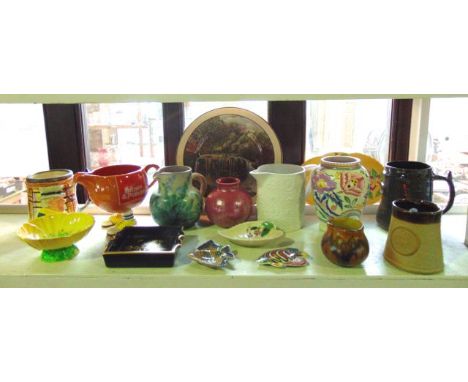 A collection of ceramics including a Carltonware Brown & Polson gravy jug supported by a pair of feet in yellow sneakers and 