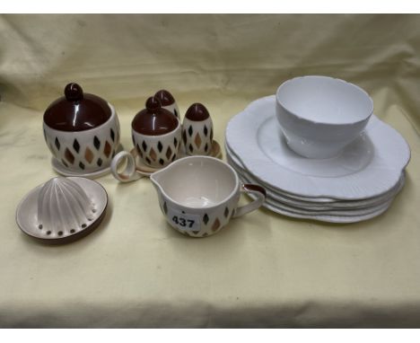 GOEBEL THREE PIECE CRUET, SUCRIER JUG AND LEMON SQUEEZER AND SOME SHELLEY PLATES