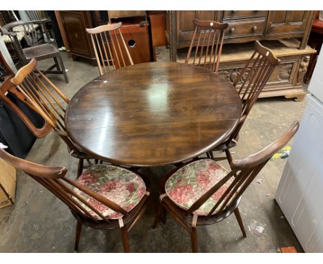 ERCOL DARK ELM DROP LEAF TABLE AND SIX CHAIRS 