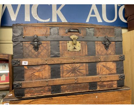 WOODEN BANDED AND STUDDED DOMED CABIN TRUNK WITH COMPARTMENT INTERIOR 
