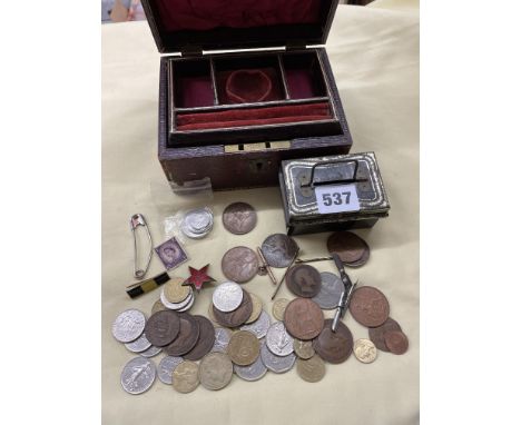 THE VICTORIAN RED MORROCAN LEATHER JEWELLERY CASKET, MINIATURE ENAMEL TIN OF PRE-DECIMAL COINS, AND TWO BAGS OF FRENCH COINS