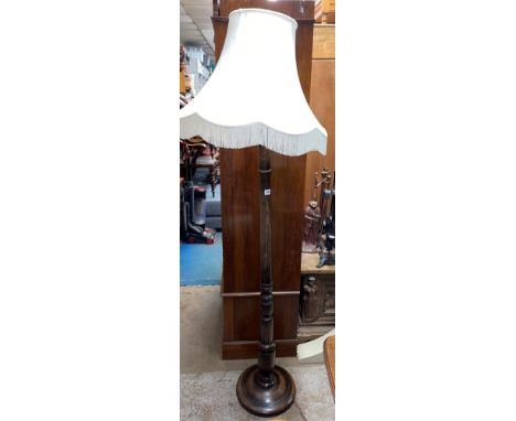 BEECH TURNED COLUMN STANDARD LAMP WITH CREAM FRINGED SHADE 