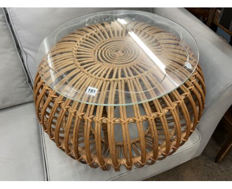 VINTAGE BAMBOO GLOBULAR CANE TABLE WITH GLASS TOP