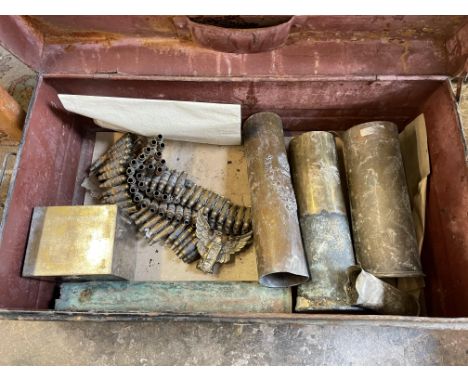 METAL TRUNK CONTAINING SPENT CARTRIDGE SHELLS AND BANDOLIER 