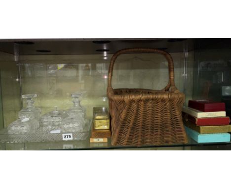 SEVEN PIECE GLASS DRESSING TABLE SET, VINTAGE HEN BASKET, TIN OF DOMINOES AND CRIBBAGE MARKETS, SETS OF PLAYING CARDS