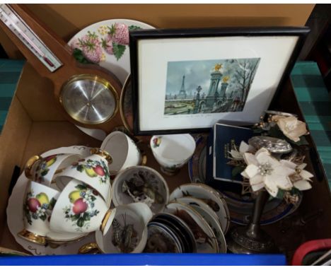 BOX CONTAINING BONE CHINA TEA SET, BAROMETER, WALL PLATE AND FOUR PRINTS OF BY GONE COVENTRY 