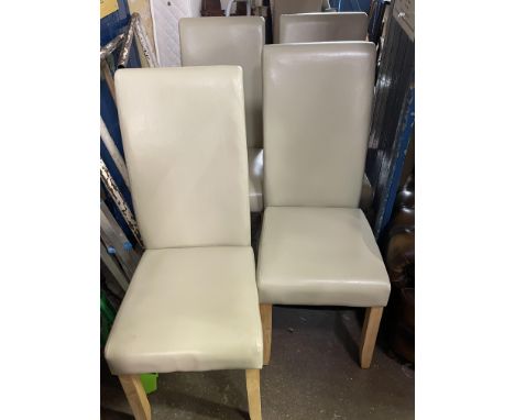 CREAM LEATHER AND LIGHT WOOD HIGH BACK DINING CHAIRS X 8 