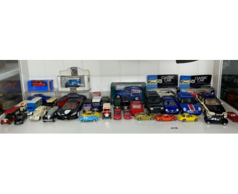 SHELF OF DIE CAST MODEL CARS AND VINTAGE DELIVERY WAGONS