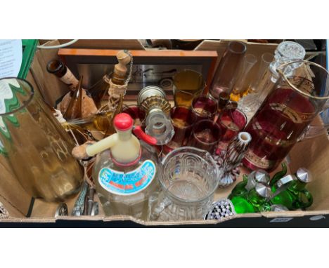 CARTON - RUBY GILDED LEMONADE SET, AMBER GLASS SANGRIA/OIL DISPENSERS, SODA SIPHON AND OTHER GLASSWARE  