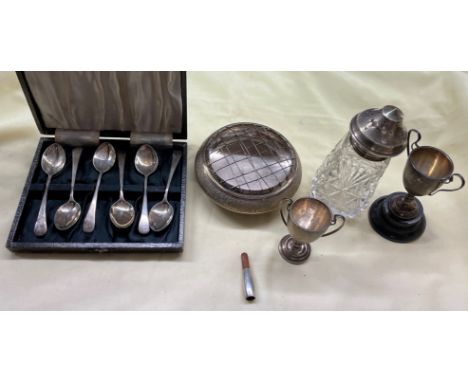 SILVER TOPPED GLASS SIFTER, CASED SET OF SIX EPNS TEA SPOONS, SILVER CHEROOT HOLDER, UNMARKED SMALL TROPHY AND AN INDIAN META