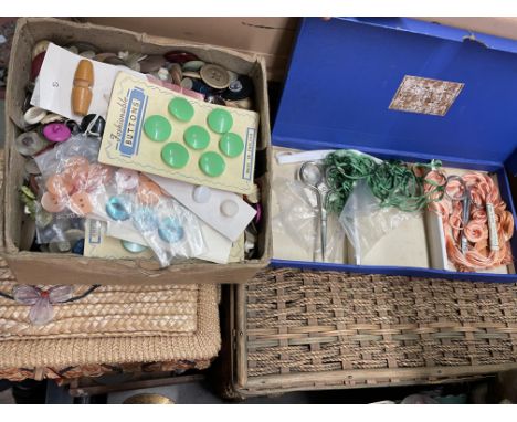 TWO VINTAGE NEEDLE WORK BOXES AND SQUARE BOX OF BUTTONS