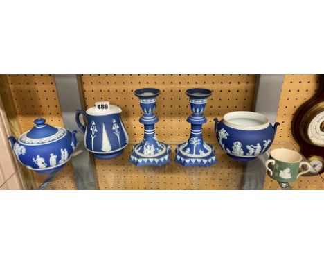 WEDGWOOD BLUE JASPER WARE CANDLE STICKS SUCRIER JUG AS FOUND AND A ADAMS TYG