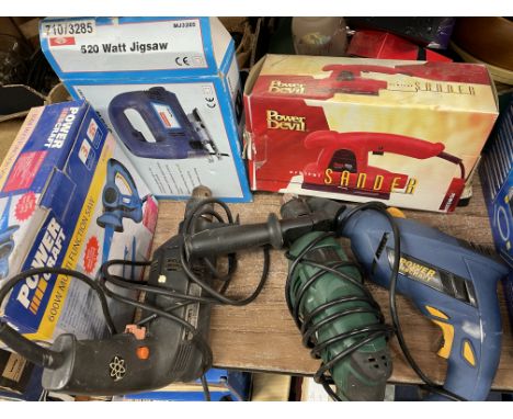 POWER DEVIL ORBITALE SANDER, JIGSAW AND THREE POWER DRILLS