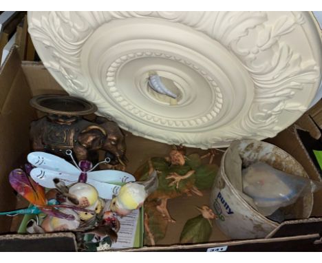 BOX - ELEPHANT PRICKET CANDLE STICKS, GARDEN FIGURES, AND CARTON OF LIGHT BULBS 