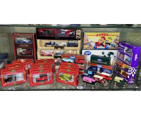SHELF OF THE CAMEO COLLECTION DIE CAST DELIVERY TRUCKS, CORGI BOXED JAGUAR SET AND DANDY CORGI THE CAT SET