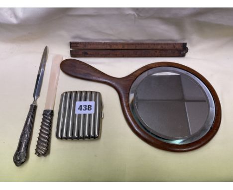 SILVER HANDLED LETTER KNIFE, ONE OTHER LETTER KNIFE, BOX WOOD RULER, EPNS CIGARETTE CASE AND A WOODEN HAND MIRROR