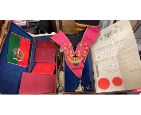 TWO LEATHER STITCHED LODGE CASES CONTAINING A ROSE CROIX MEDALLION AND SASH