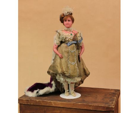 A late 19th century poured wax shoulder head portrait doll of Princess Mary of Teck, attributed to Pierotti, the slightly tur