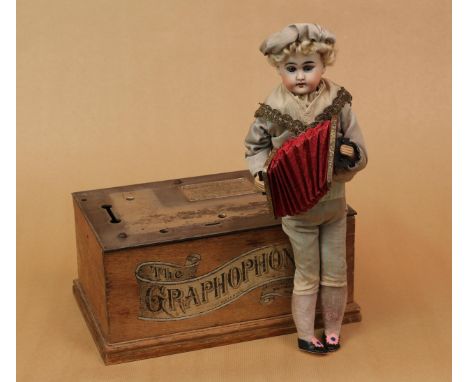 A German bisque head 'Frederick' musical automaton doll, attributed to Bähr &amp; Pröschild (Germany), the bisque head with f