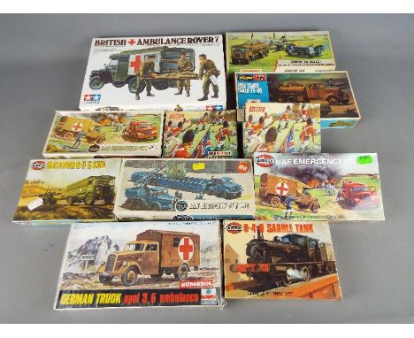 Tamiya, Airfix Humbrol, Hasegama - 11 boxed plastic model kits / figure sets in various scales. Lot includes Tamiya #82 Briti