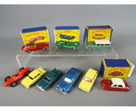 Matchbox by Lesney - nine diecast models comprising Boxed models: Jaguar racing car # 41, American Ford Station Wagon # 31, V