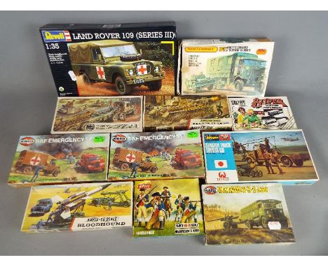 Matchbox, Revell, Airfix, Hasegawa - 11 boxed plastic model kits / figure sets in various scales. Lot includes Revell #03025 