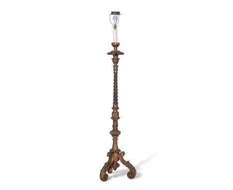 Florentine style gilt wood standard lamp with blue painted wrythen centre and supported on three leaf carved scrolled feet, h