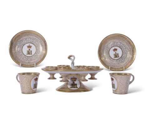 Rare late 18th century English porcelain egg cup stand and six egg cups, probably Coalport or Worcester, together with two cu