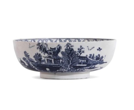Lowestoft porcelain large bowl decorated in underglaze blue with a print of The Argument pattern, (small area of good restora