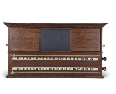 Vintage oak scoreboard, two white rollers with painted numerals, 0-100, brass slide indicators and a slate score panel, 35 x 