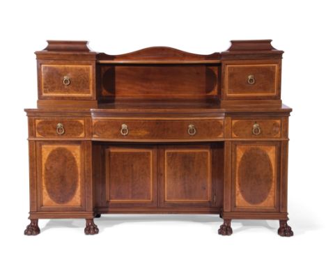 Fine quality Edwardian Sheraton revival bow fronted sideboard, a top superstructure featuring a line inlaid door with lion ma